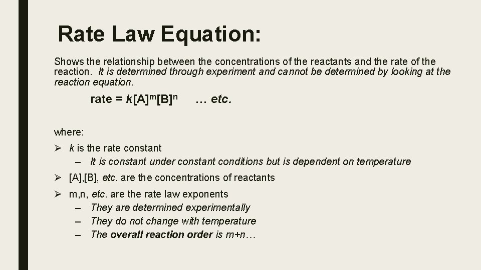 Rate Law Equation: Shows the relationship between the concentrations of the reactants and the