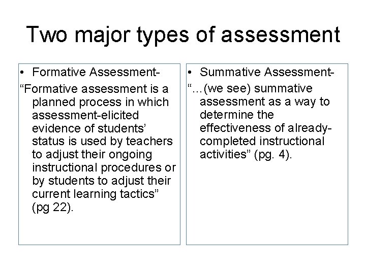 Two major types of assessment • Formative Assessment • Summative Assessment“…(we see) summative “Formative