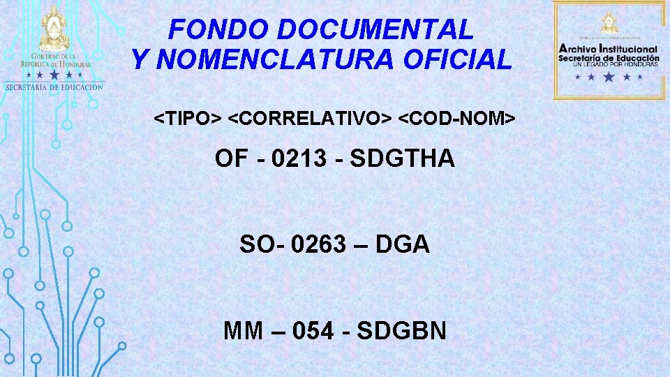 FONDO DOCUMENTAL Y NOMENCLATURA OFICIAL <TIPO> <CORRELATIVO> <COD-NOM> OF - 0213 - SDGTHA SO-