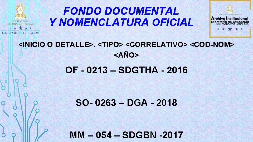 FONDO DOCUMENTAL Y NOMENCLATURA OFICIAL <INICIO O DETALLE>. <TIPO> <CORRELATIVO> <COD-NOM> <AÑO> OF -