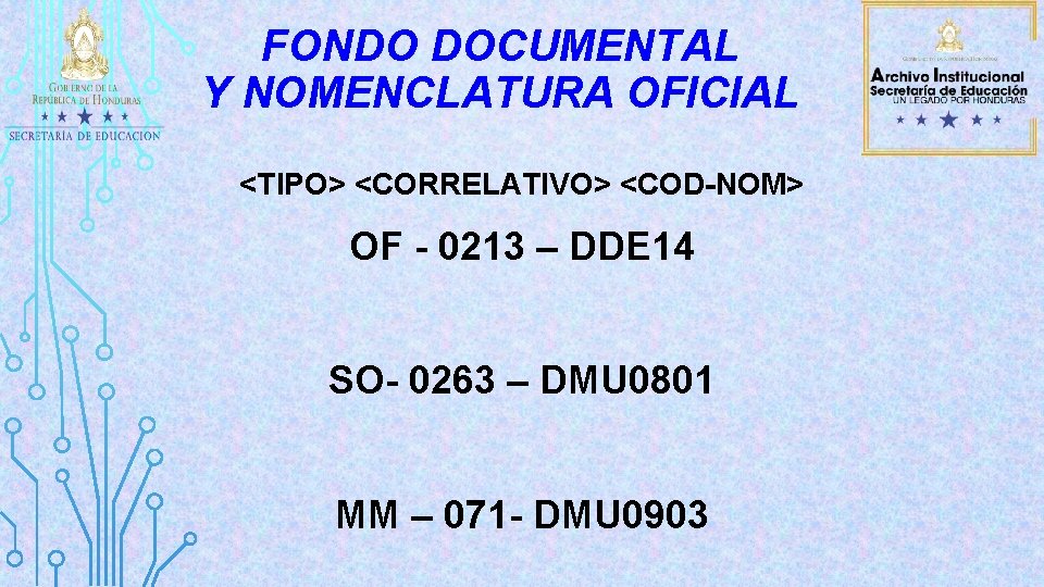 FONDO DOCUMENTAL Y NOMENCLATURA OFICIAL <TIPO> <CORRELATIVO> <COD-NOM> OF - 0213 – DDE 14