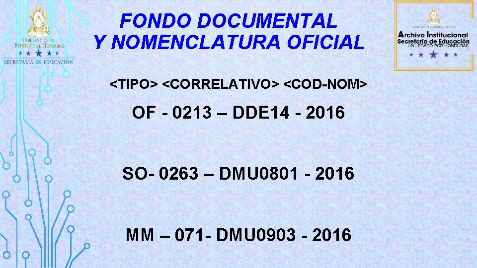 FONDO DOCUMENTAL Y NOMENCLATURA OFICIAL <TIPO> <CORRELATIVO> <COD-NOM> OF - 0213 – DDE 14