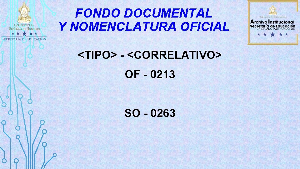 FONDO DOCUMENTAL Y NOMENCLATURA OFICIAL <TIPO> - <CORRELATIVO> OF - 0213 SO - 0263