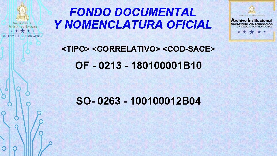 FONDO DOCUMENTAL Y NOMENCLATURA OFICIAL <TIPO> <CORRELATIVO> <COD-SACE> OF - 0213 - 180100001 B