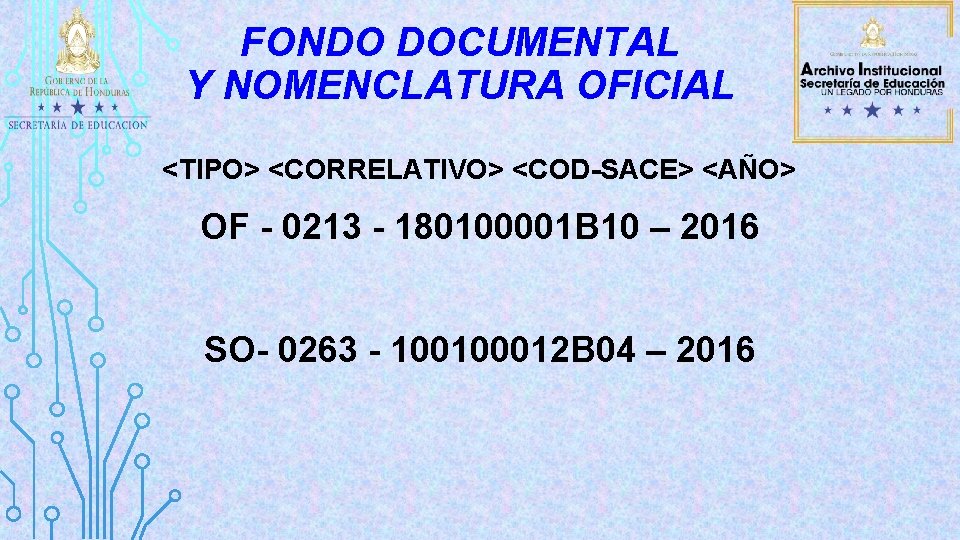 FONDO DOCUMENTAL Y NOMENCLATURA OFICIAL <TIPO> <CORRELATIVO> <COD-SACE> <AÑO> OF - 0213 - 180100001