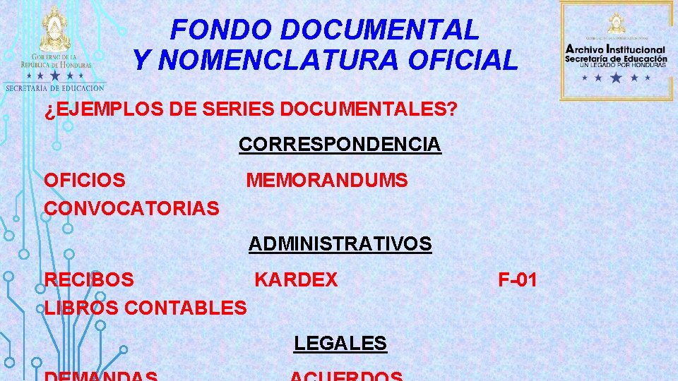 FONDO DOCUMENTAL Y NOMENCLATURA OFICIAL ¿EJEMPLOS DE SERIES DOCUMENTALES? CORRESPONDENCIA OFICIOS CONVOCATORIAS MEMORANDUMS ADMINISTRATIVOS