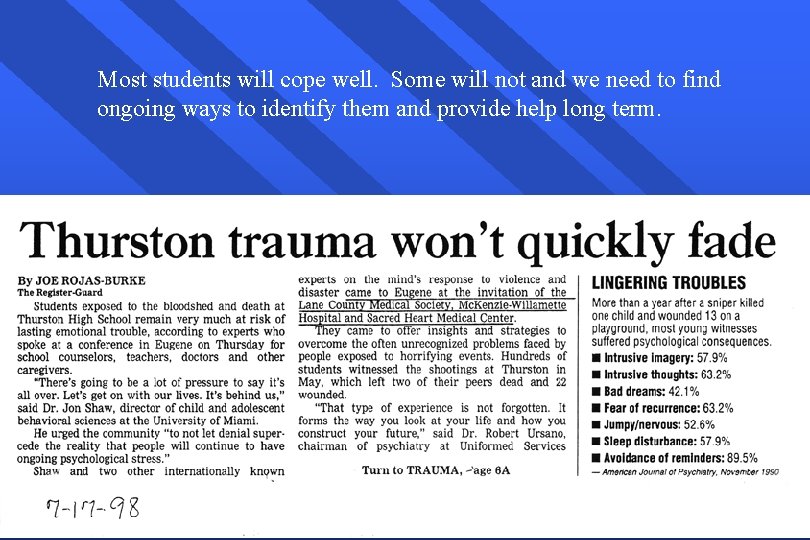 Most students will cope well. Some will not and we need to find ongoing Most students will cope well. Some will not and we need to find ongoing