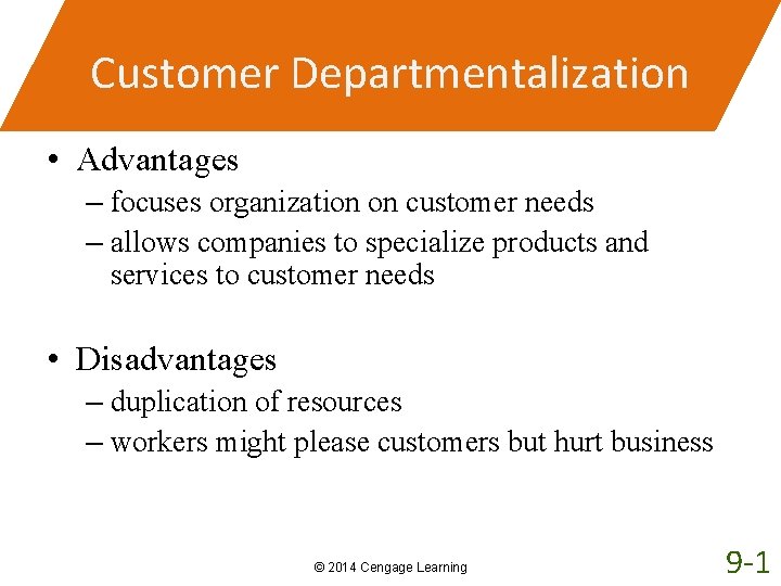 Customer Departmentalization • Advantages – focuses organization on customer needs – allows companies to