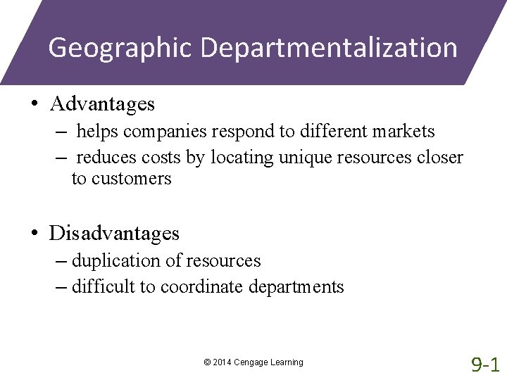 Geographic Departmentalization • Advantages – helps companies respond to different markets – reduces costs