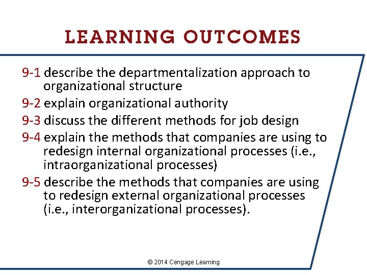 9 -1 describe the departmentalization approach to organizational structure 9 -2 explain organizational authority