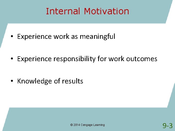 Internal Motivation • Experience work as meaningful • Experience responsibility for work outcomes •