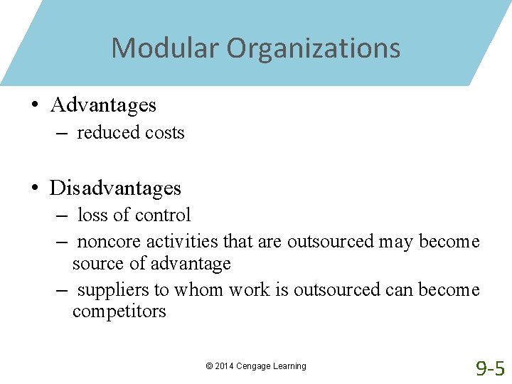 Modular Organizations • Advantages – reduced costs • Disadvantages – loss of control –