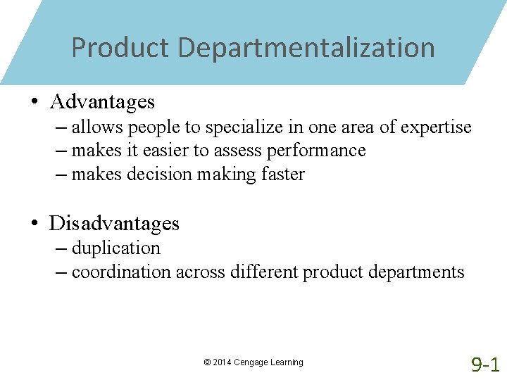 Product Departmentalization • Advantages – allows people to specialize in one area of expertise