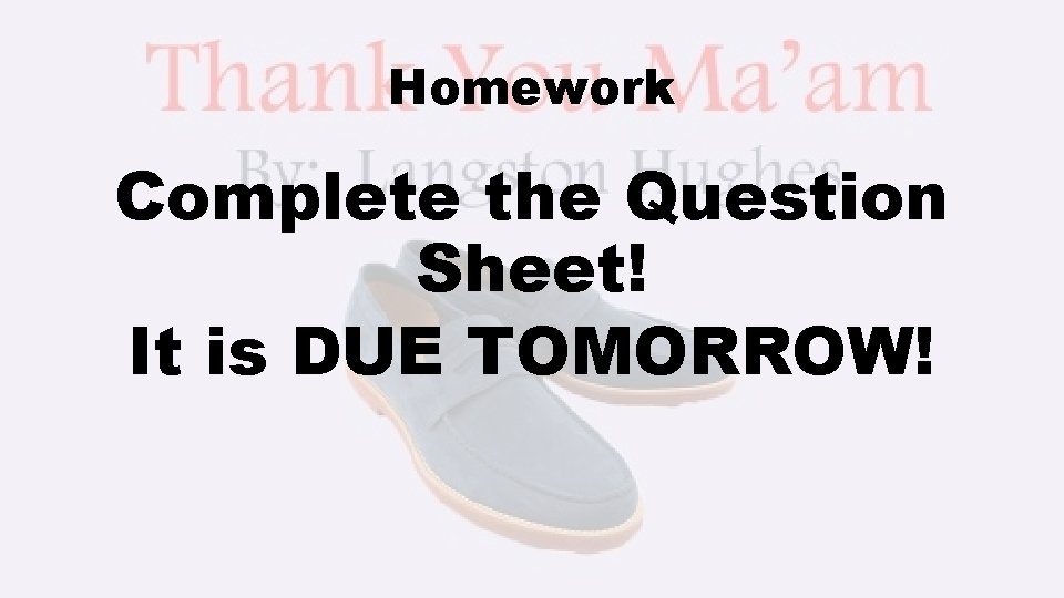 Homework Complete the Question Sheet! It is DUE TOMORROW! 