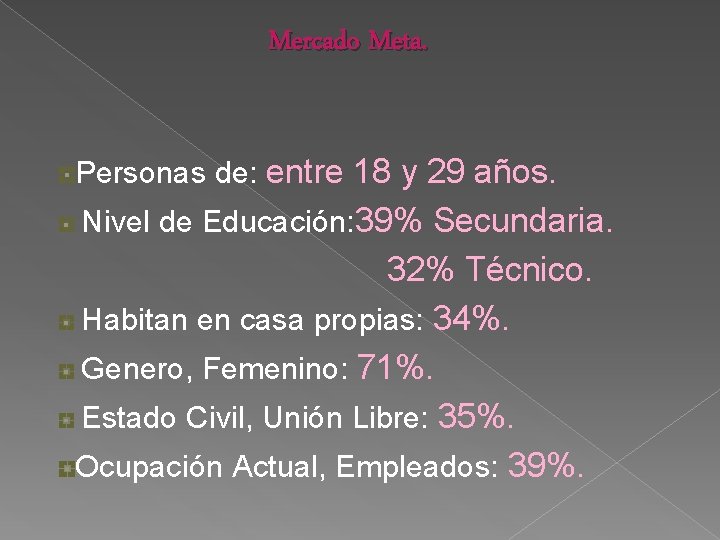 Mercado Meta. Personas de: entre 18 y 29 años. Nivel de Educación: 39% Secundaria.