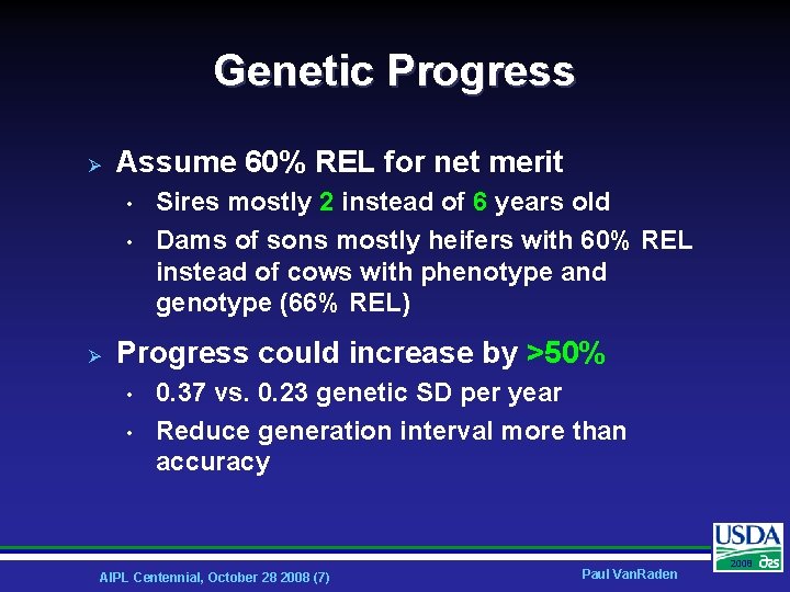 Genetic Progress Ø Assume 60% REL for net merit • • Ø Sires mostly