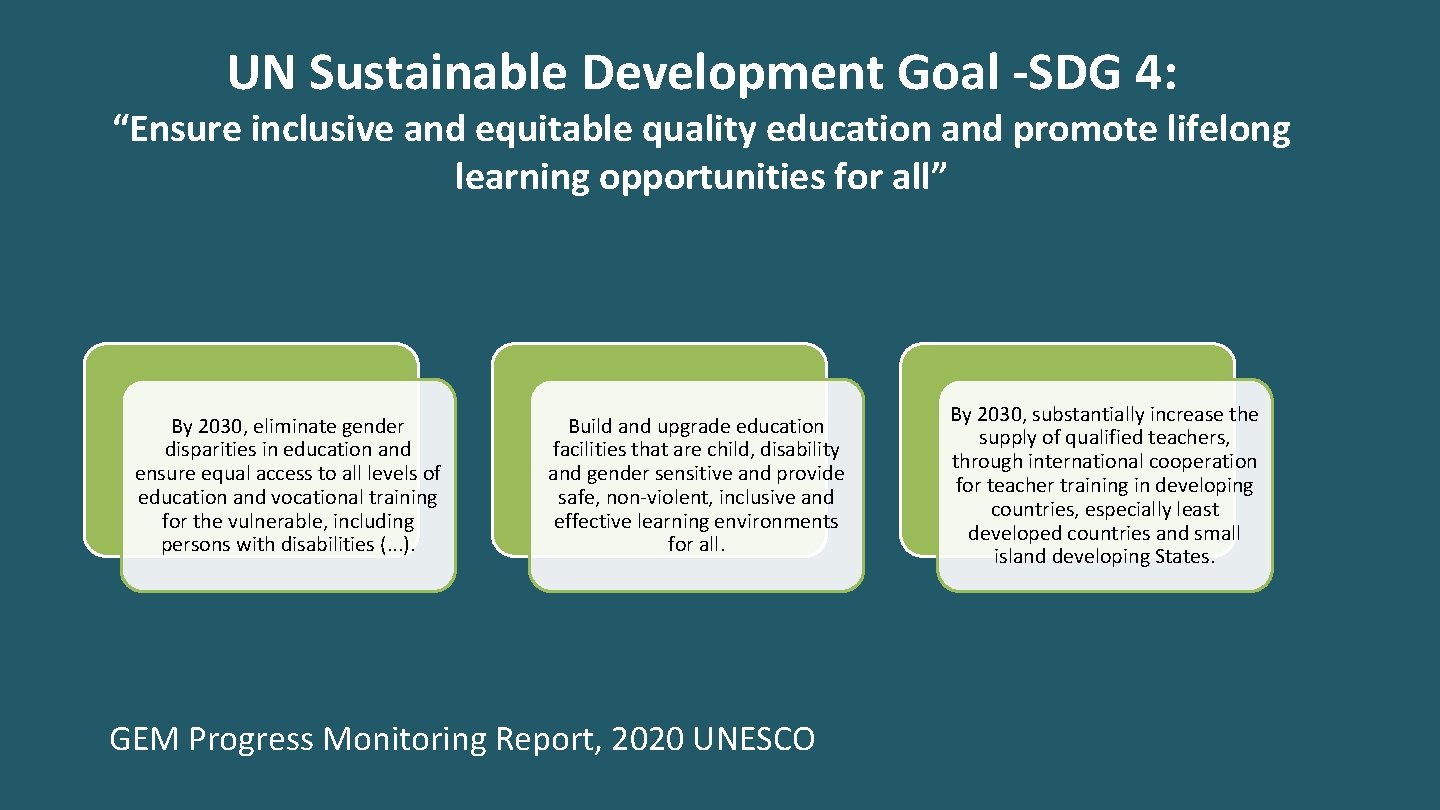 UN Sustainable Development Goal -SDG 4: “Ensure inclusive and equitable quality education and promote