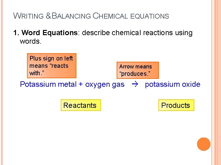 WRITING & BALANCING CHEMICAL EQUATIONS 1. Word Equations: describe chemical reactions using words. Plus