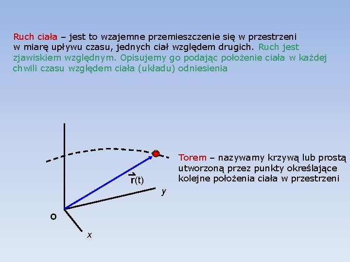 Ruch ciała – jest to wzajemne przemieszczenie się w przestrzeni w miarę upływu czasu,