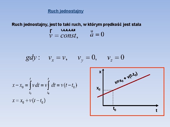 Ruch jednostajny, jest to taki ruch, w którym prędkość jest stała x x=x 0