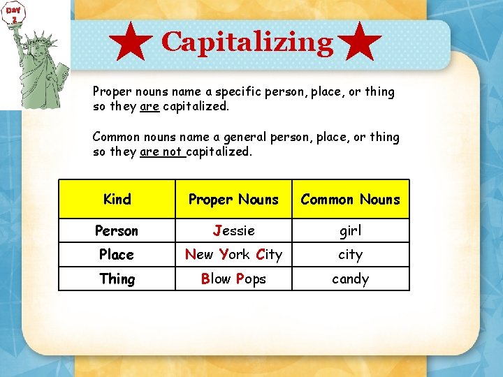 Day 2 Capitalizing Proper nouns name a specific person, place, or thing so they