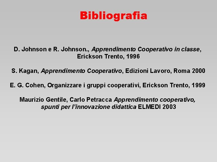 Bibliografia D. Johnson e R. Johnson. , Apprendimento Cooperativo in classe, Erickson Trento, 1996