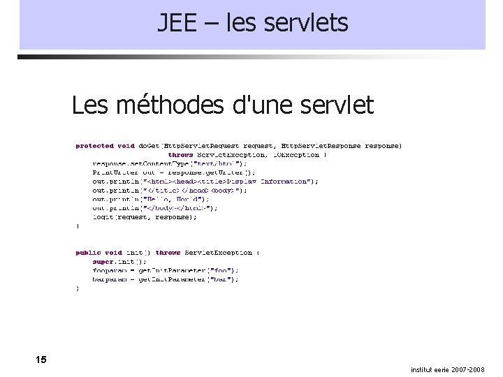 JEE – les servlets Les méthodes d'une servlet 15 institut eerie 2007 -2008 