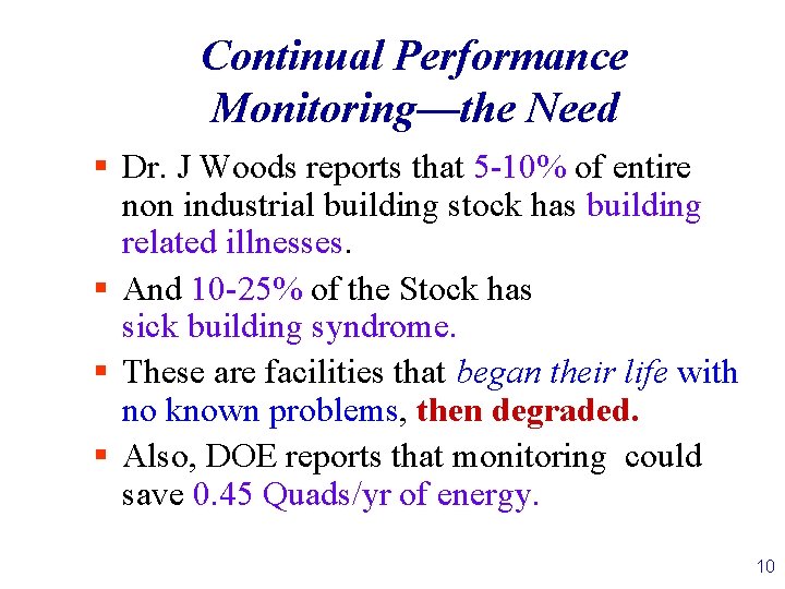 Continual Performance Monitoring—the Need § Dr. J Woods reports that 5 -10% of entire