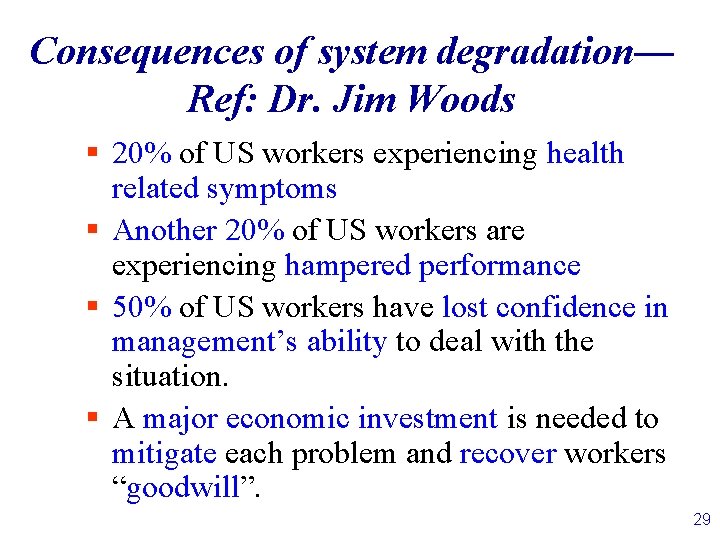Consequences of system degradation— Ref: Dr. Jim Woods § 20% of US workers experiencing