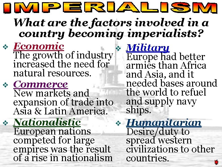 What are the factors involved in a country becoming imperialists? v v v Economic