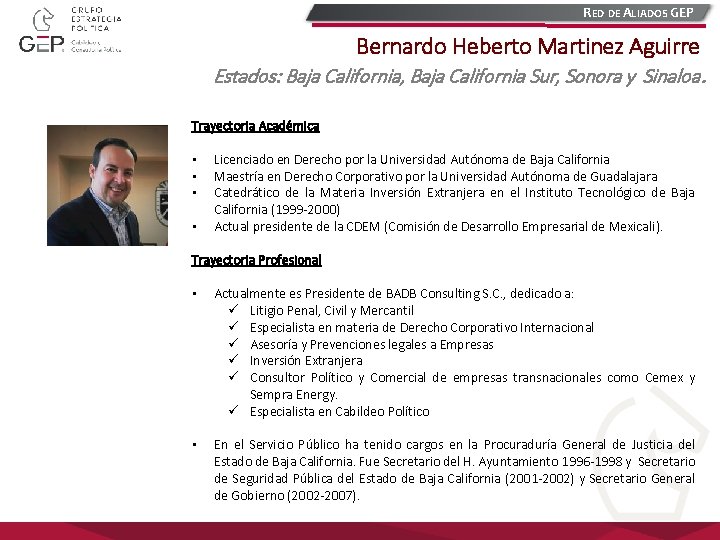 RED DE ALIADOS GEP Bernardo Heberto Martinez Aguirre Estados: Baja California, Baja California Sur,