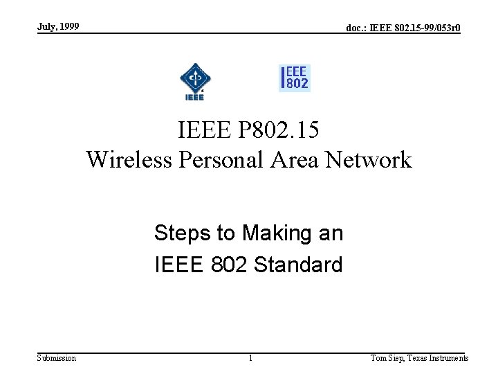 July, 1999 doc. : IEEE 802. 15 -99/053 r 0 IEEE P 802. 15