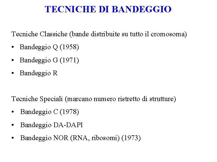 TECNICHE DI BANDEGGIO Tecniche Classiche (bande distribuite su tutto il cromosoma) • Bandeggio Q