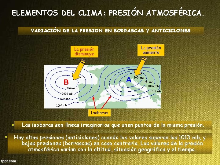 ELEMENTOS DEL CLIMA: PRESIÓN ATMOSFÉRICA. VARIACIÓN DE LA PRESION EN BORRASCAS Y ANTICICLONES La