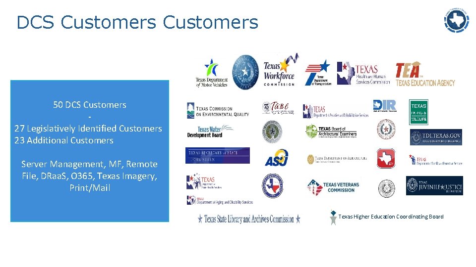 DCS Customers 50 DCS Customers ‐ 27 Legislatively Identified Customers 23 Additional Customers Server