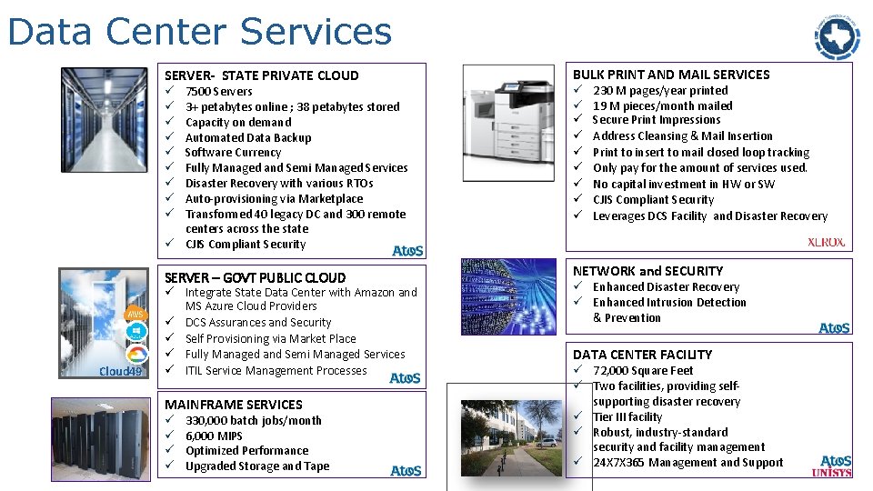 Data Center Services SERVER- STATE PRIVATE CLOUD 7500 Servers 3+ petabytes online ; 38