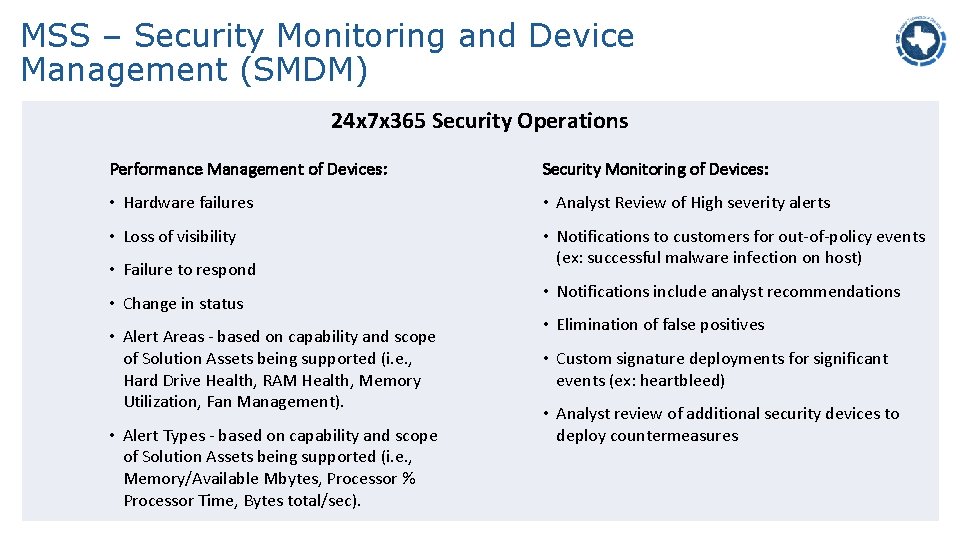 MSS – Security Monitoring and Device Management (SMDM) 24 x 7 x 365 Security