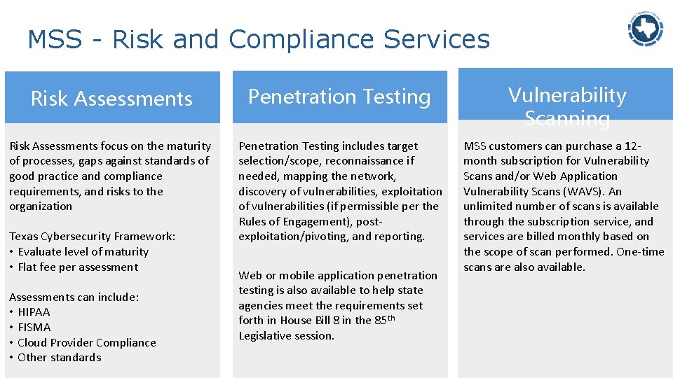 MSS - Risk and Compliance Services Risk Assessments Penetration Testing Vulnerability Scanning Risk Assessments