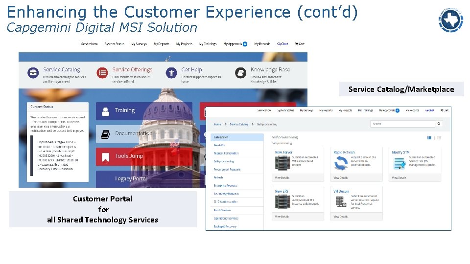 Enhancing the Customer Experience (cont’d) Capgemini Digital MSI Solution Service Catalog/Marketplace Customer Portal for