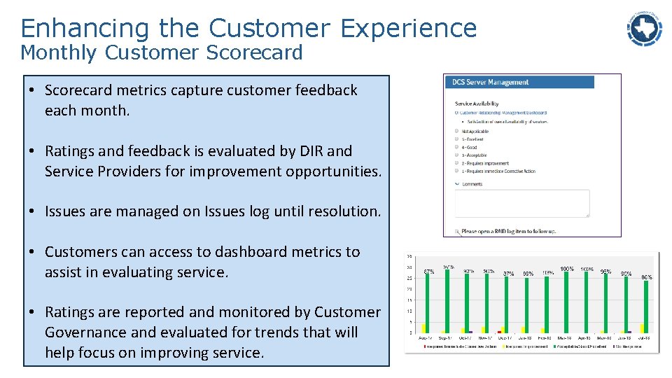 Enhancing the Customer Experience Monthly Customer Scorecard • Scorecard metrics capture customer feedback each