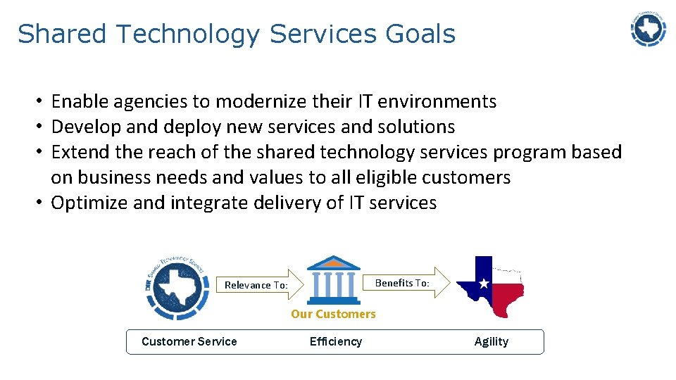 Shared Technology Services Goals • Enable agencies to modernize their IT environments • Develop