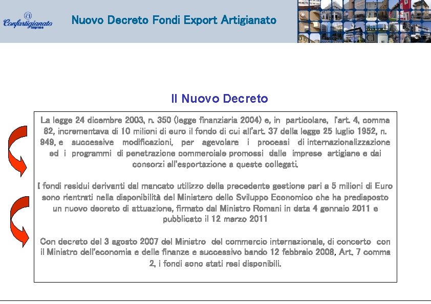 Nuovo Decreto Fondi Export Artigianato Il Nuovo Decreto La legge 24 dicembre 2003, n.