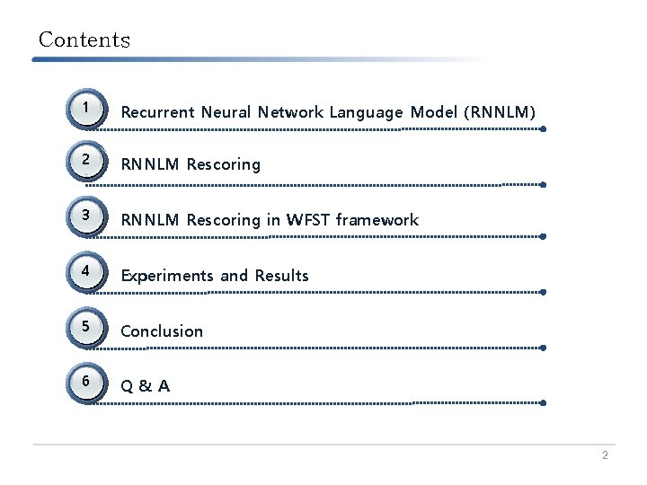 Contents 1 Recurrent Neural Network Language Model (RNNLM) 2 RNNLM Rescoring 3 RNNLM Rescoring