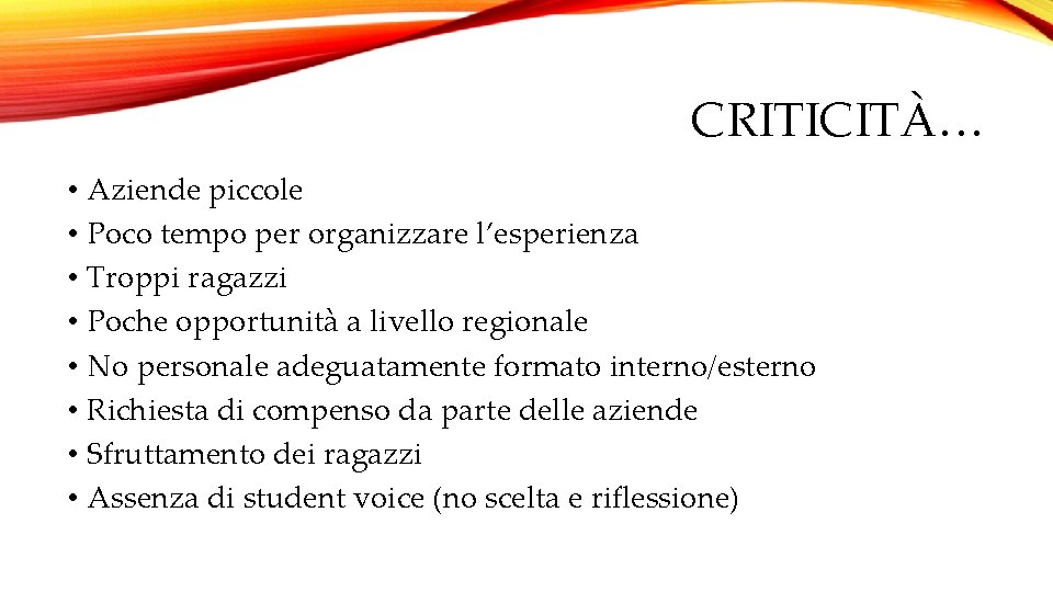 CRITICITÀ… • Aziende piccole • Poco tempo per organizzare l’esperienza • Troppi ragazzi •