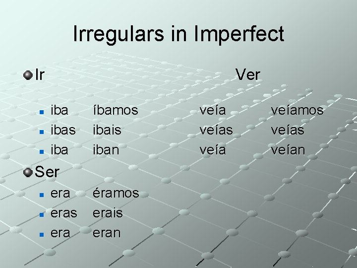 Irregulars in Imperfect Ir n n n Ver ibas iba íbamos iba ib is