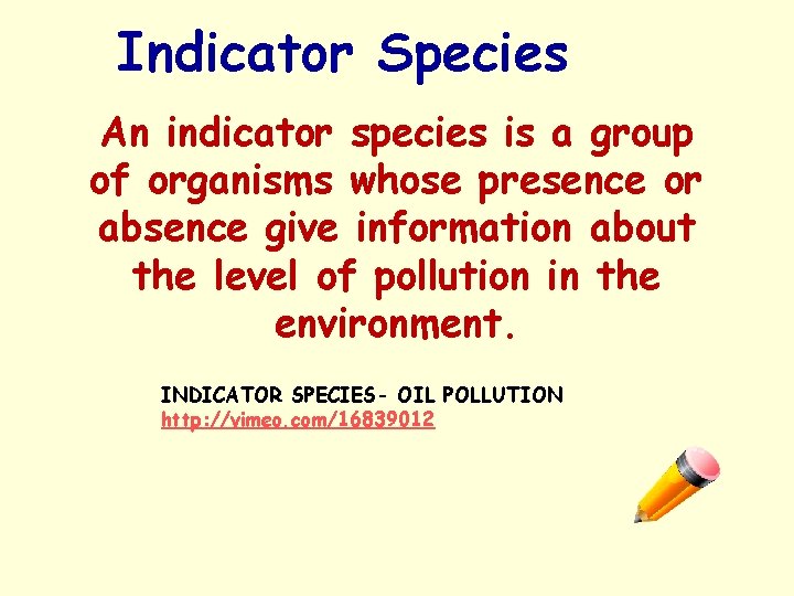 Indicator Species An indicator species is a group of organisms whose presence or absence