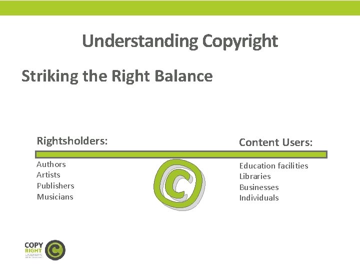 Understanding Copyright Striking the Right Balance Rightsholders: Authors Artists Publishers Musicians © Content Users: