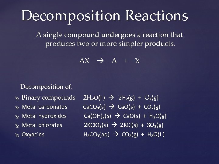 Decomposition Reactions A single compound undergoes a reaction that produces two or more simpler