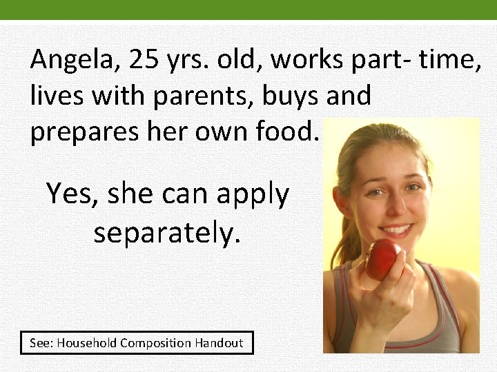 Angela, 25 yrs. old, works part- time, lives with parents, buys and prepares her