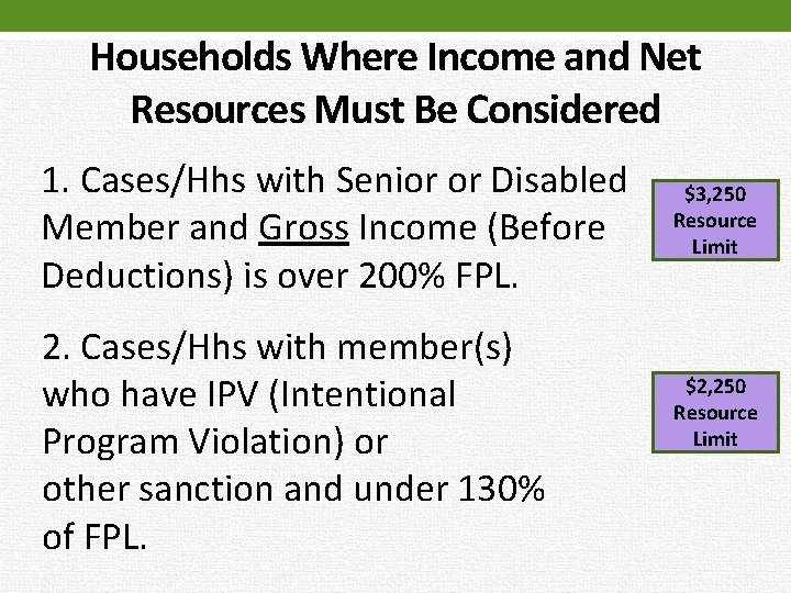 Households Where Income and Net Resources Must Be Considered 1. Cases/Hhs with Senior or